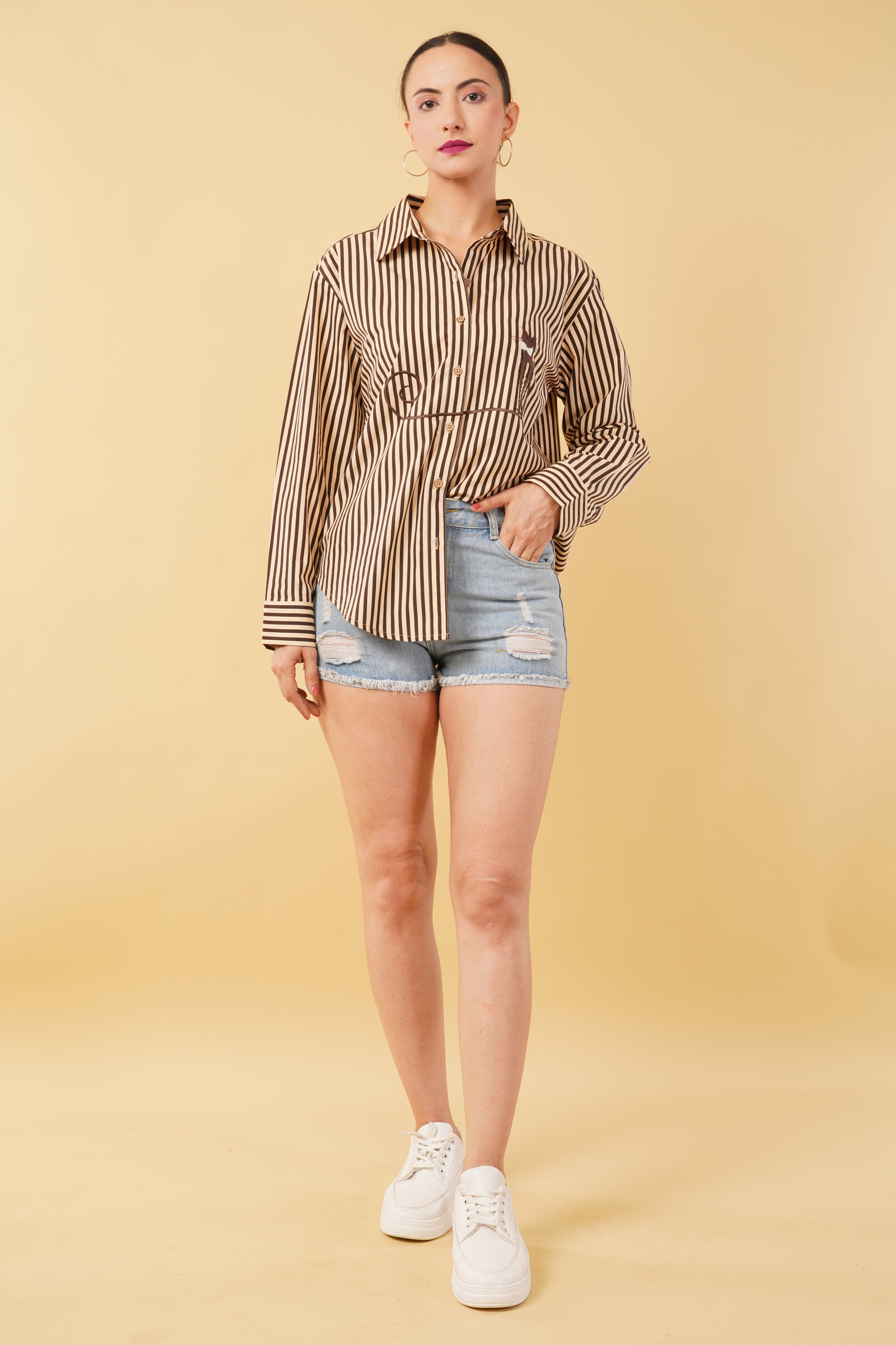 Brown Striped Printed Cotton Poplin Embroidered Oversize Shirt