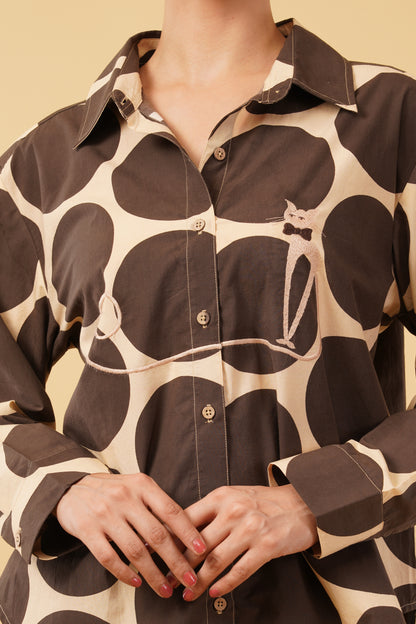 Brown Polka Dot Printed Cotton Poplin Embroidered Oversize Shirt