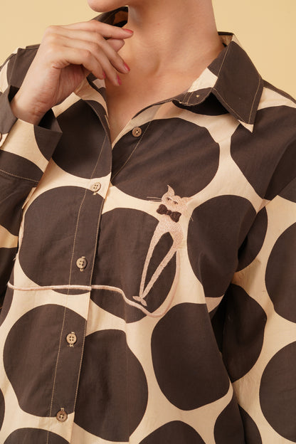 Brown Polka Dot Printed Cotton Poplin Embroidered Oversize Shirt