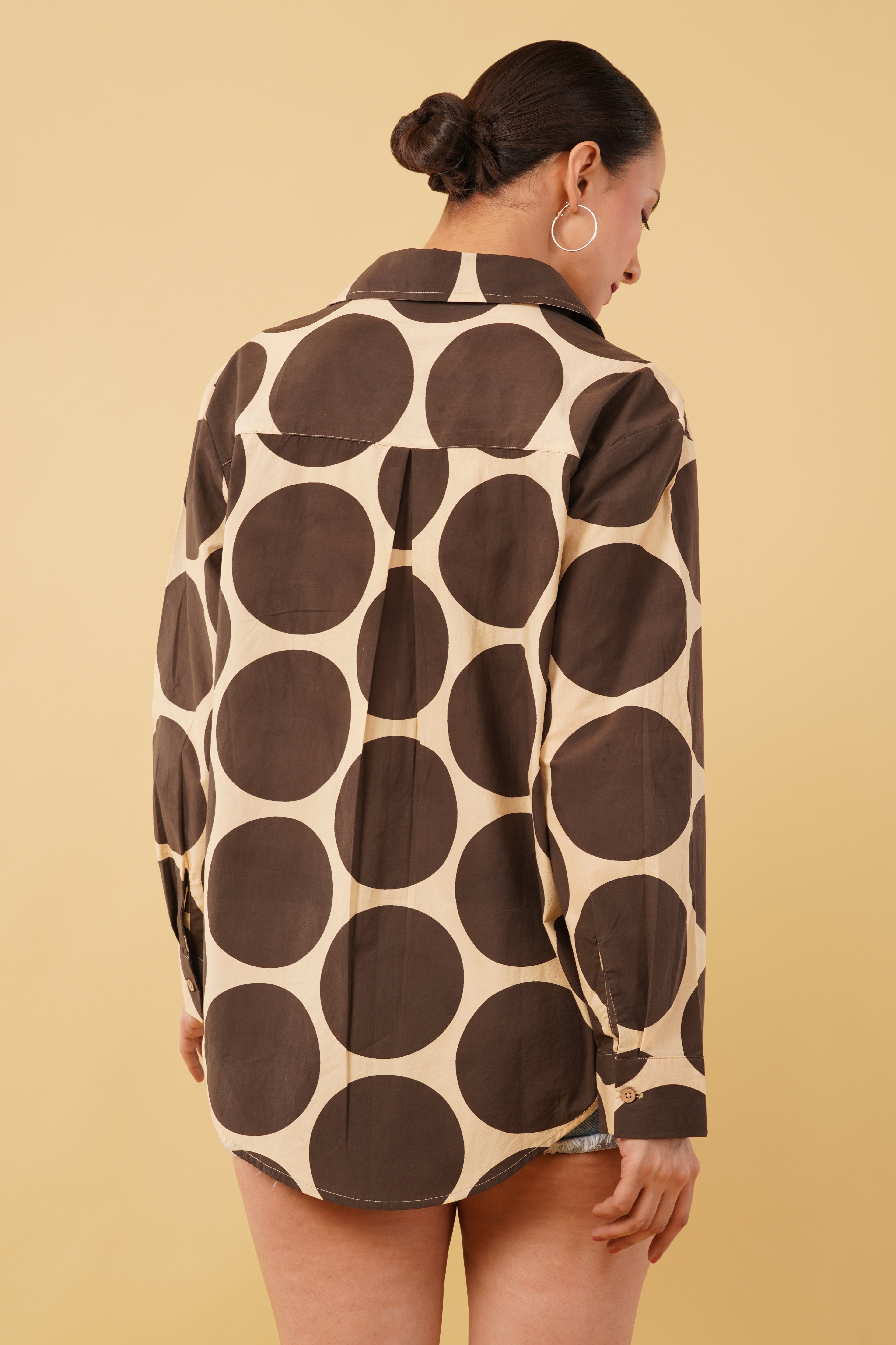 Brown Polka Dot Printed Cotton Poplin Embroidered Oversize Shirt