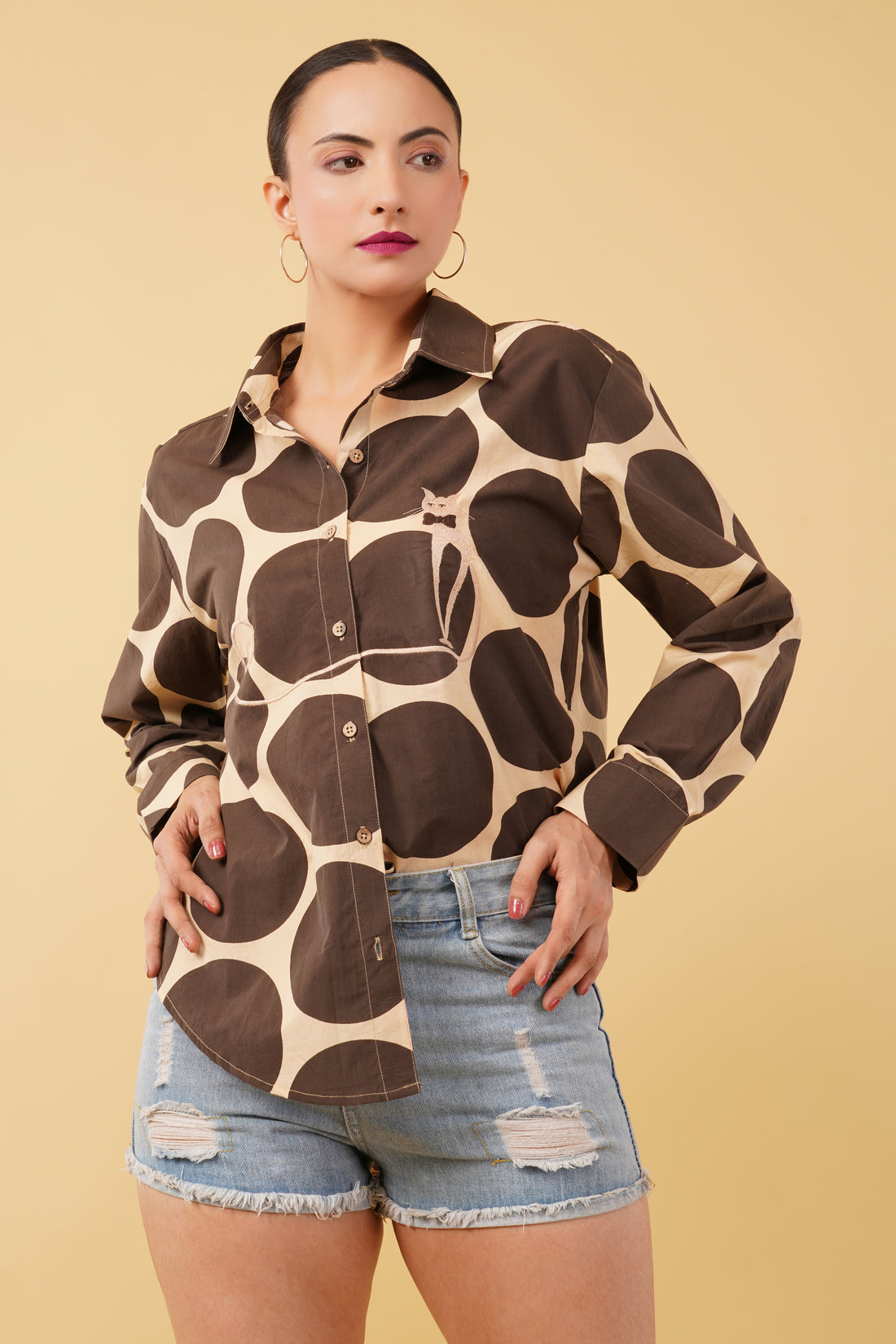 Brown Polka Dot Printed Cotton Poplin Embroidered Oversize Shirt
