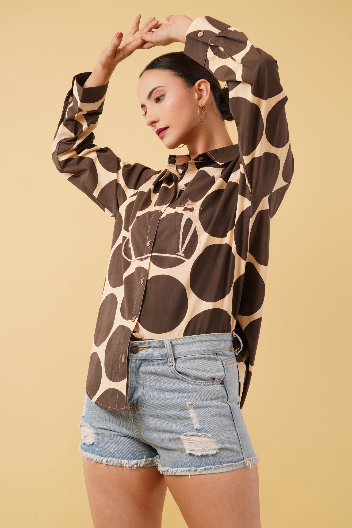 Brown Polka Dot Printed Cotton Poplin Embroidered Oversize Shirt