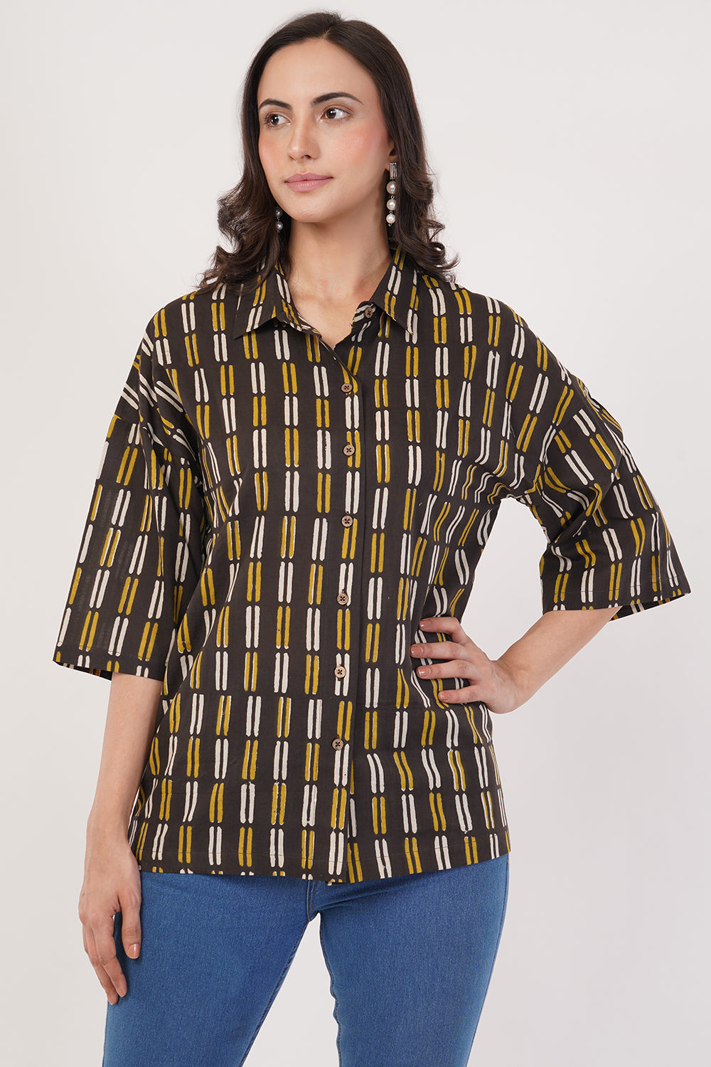 Block printing black yellow shirt