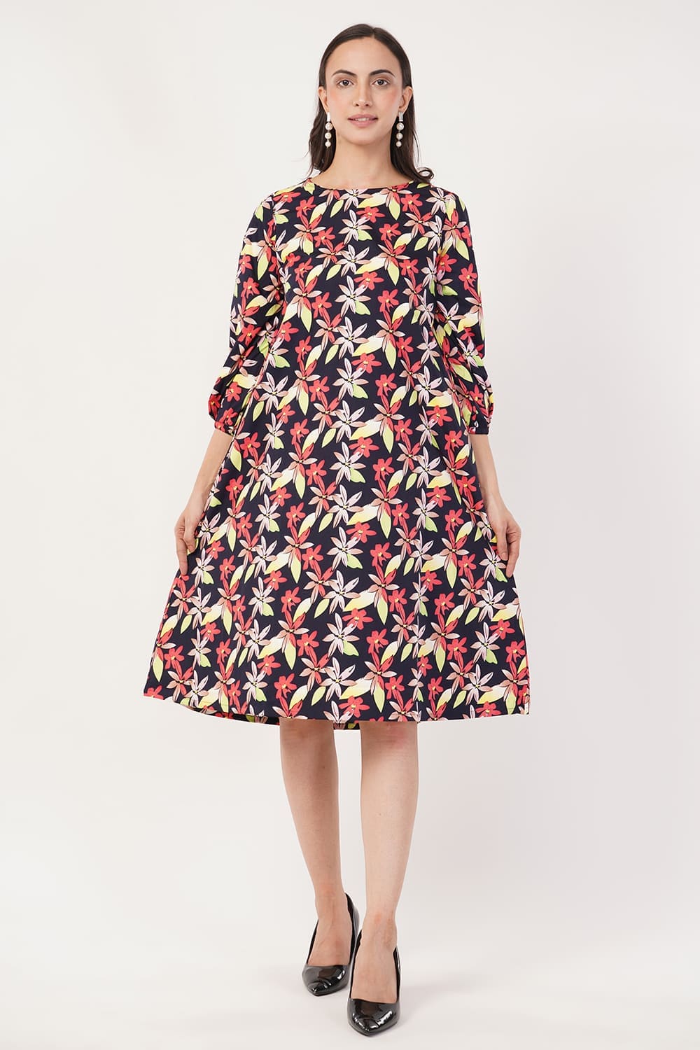 Floral Black A-line Dress