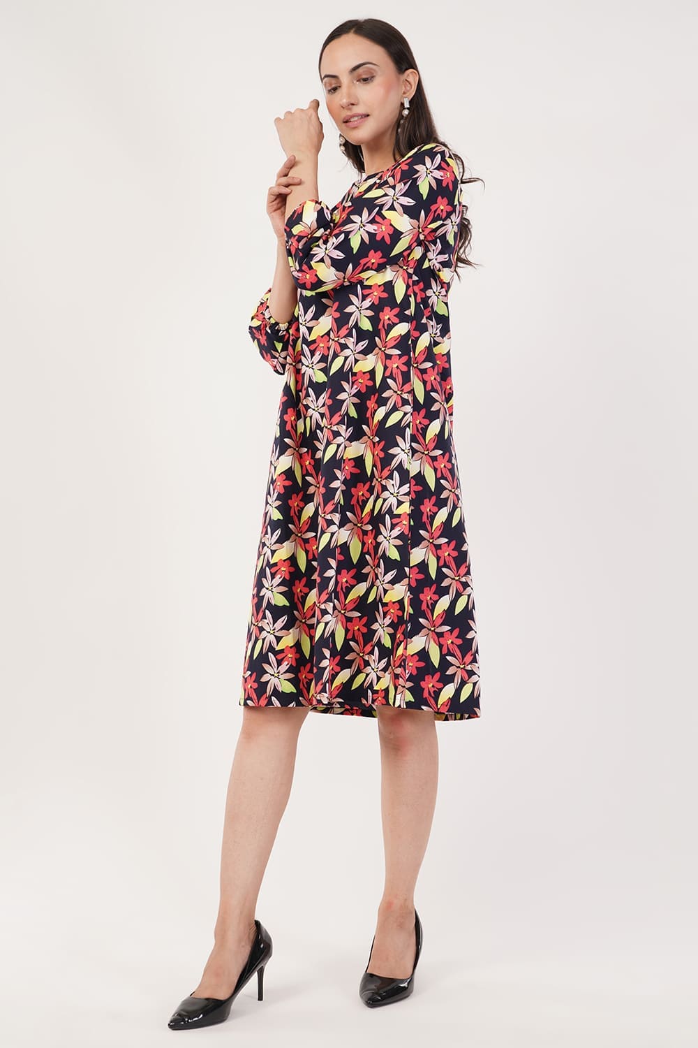 Floral Black A-line Dress