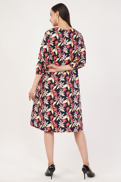 Floral Black A-line Dress