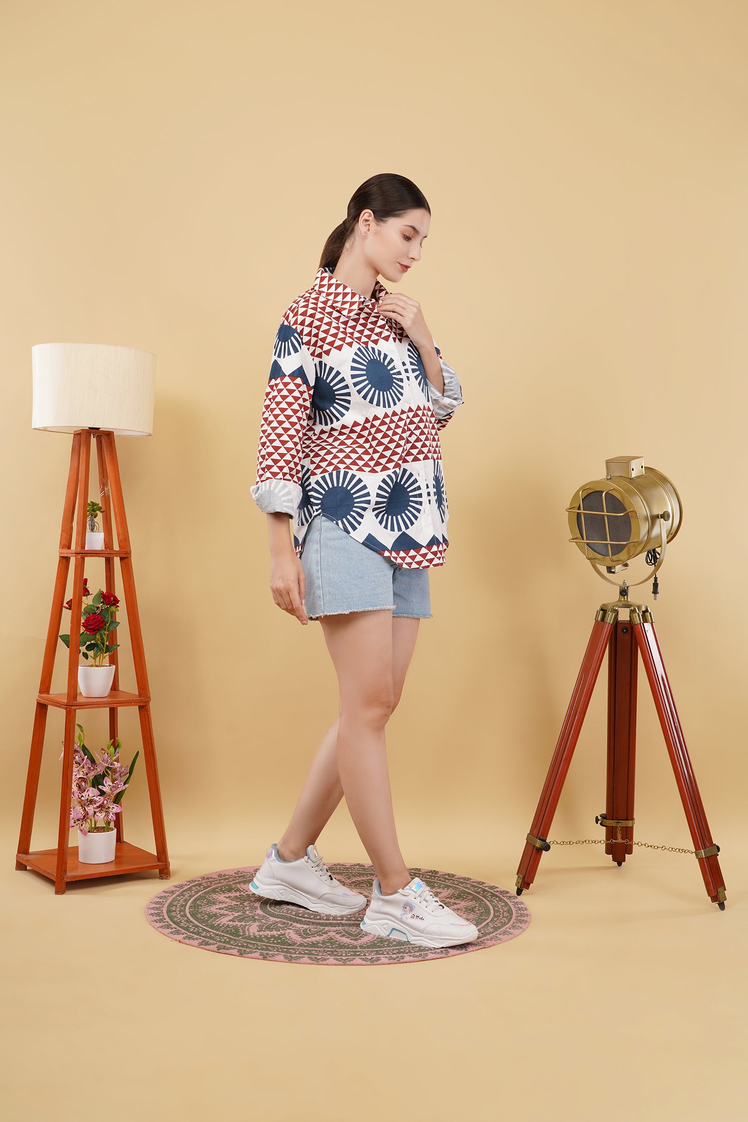 Blue Red Digital Print Oversize Shirt