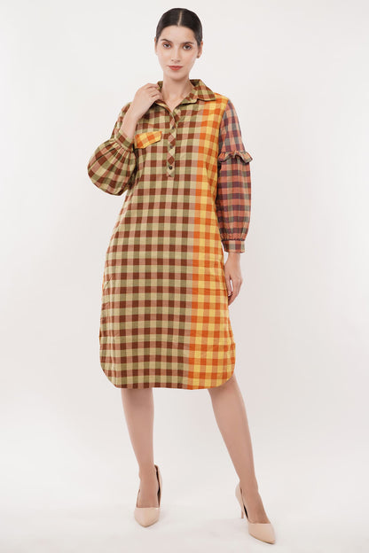 Check Yellow A-Line Shirt Dress