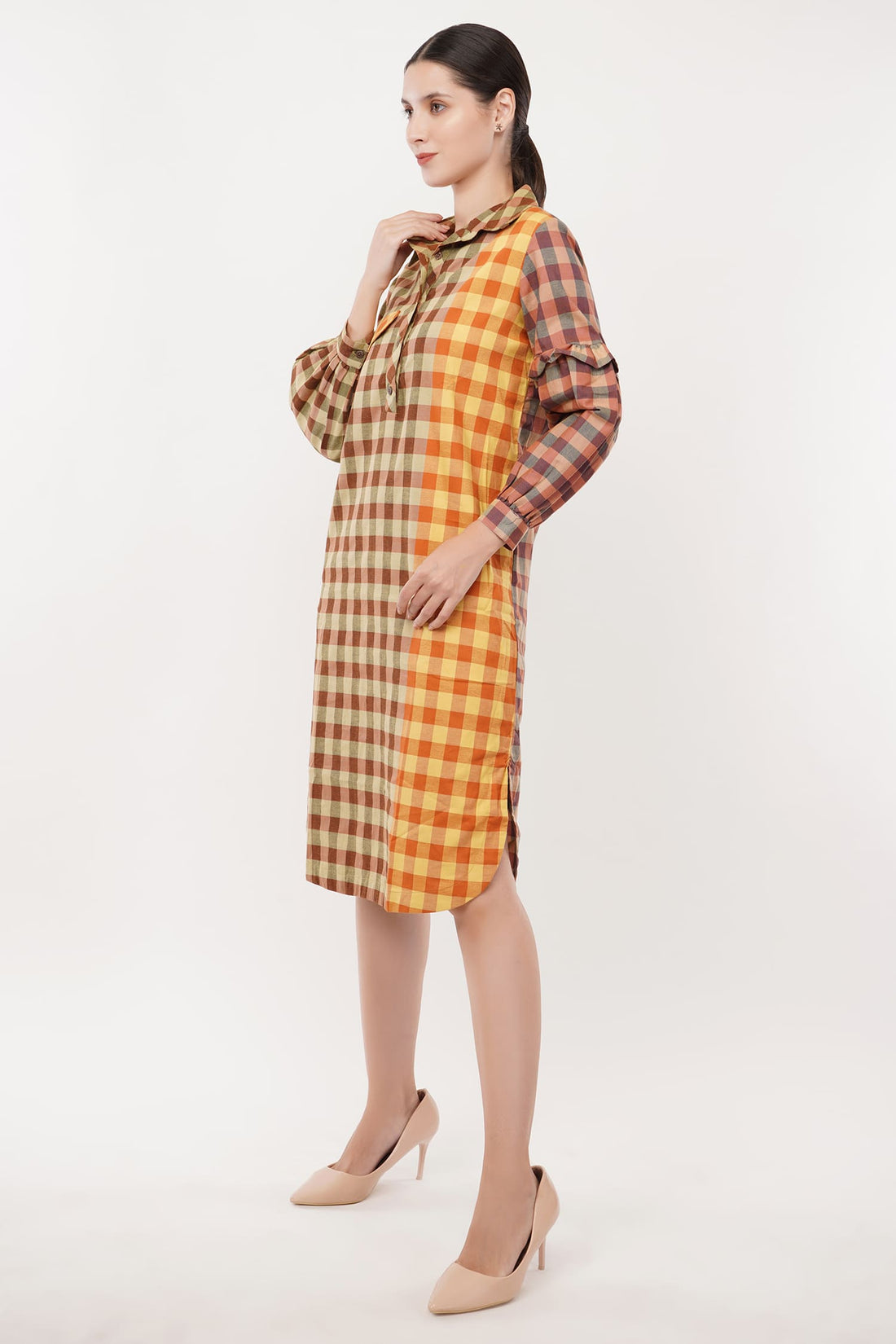 Check Yellow A-Line Shirt Dress