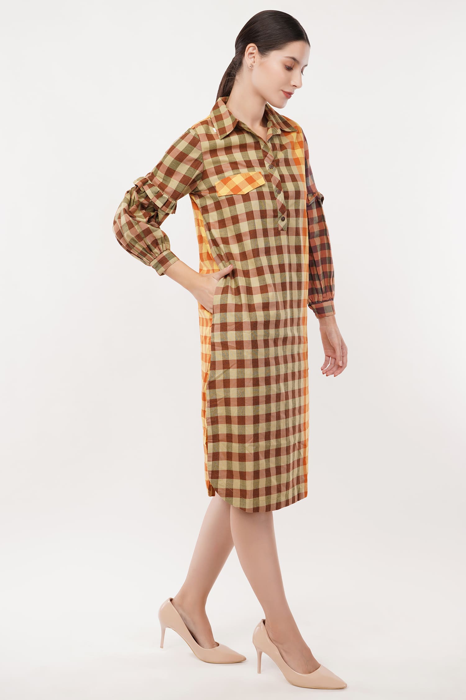 Check Yellow A-Line Shirt Dress