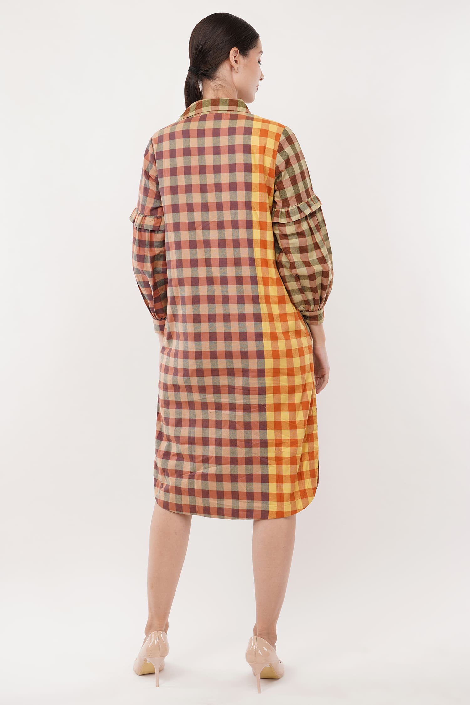 Check Yellow A-Line Shirt Dress