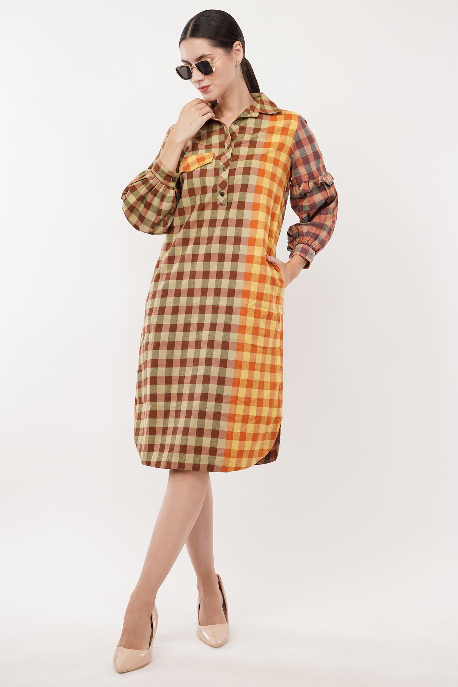 Check Yellow A-Line Shirt Dress