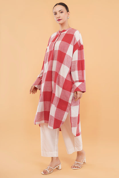Red Check Cotton Handloom Kurta Set- set of 2