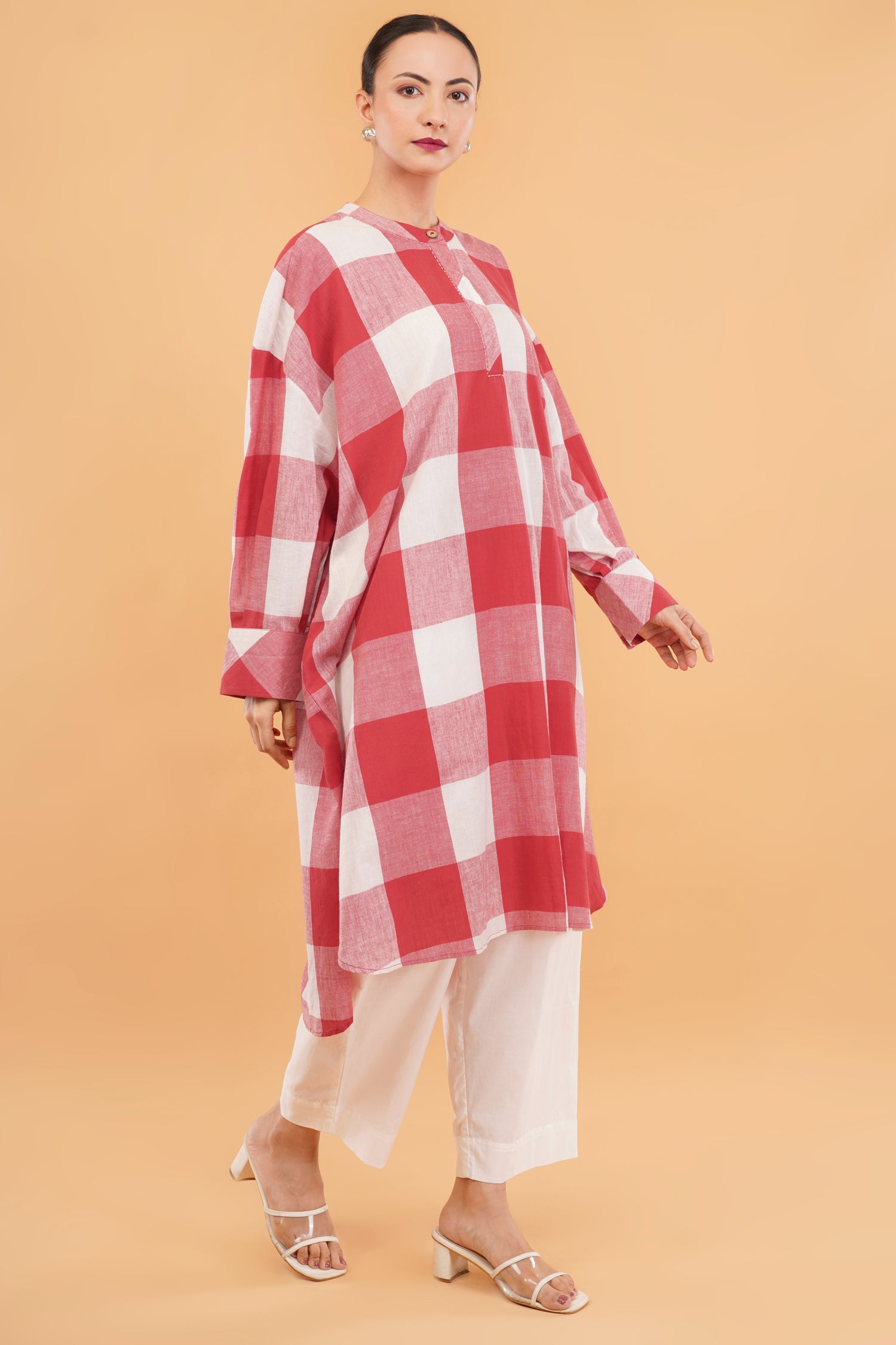 Red Check Cotton Handloom Kurta Set- set of 2