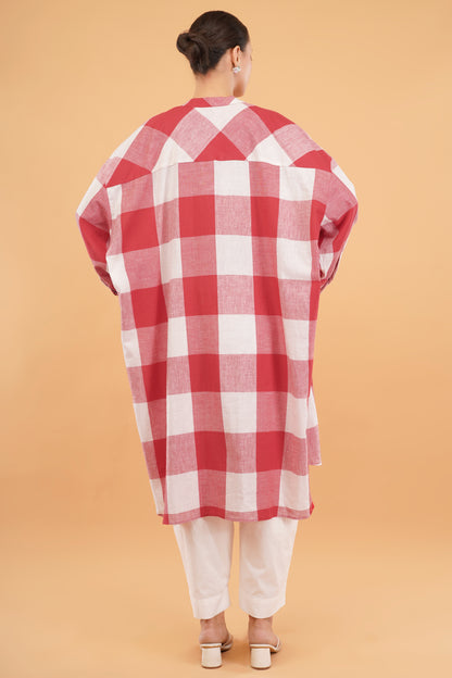 Red Check Cotton Handloom Kurta Set- set of 2
