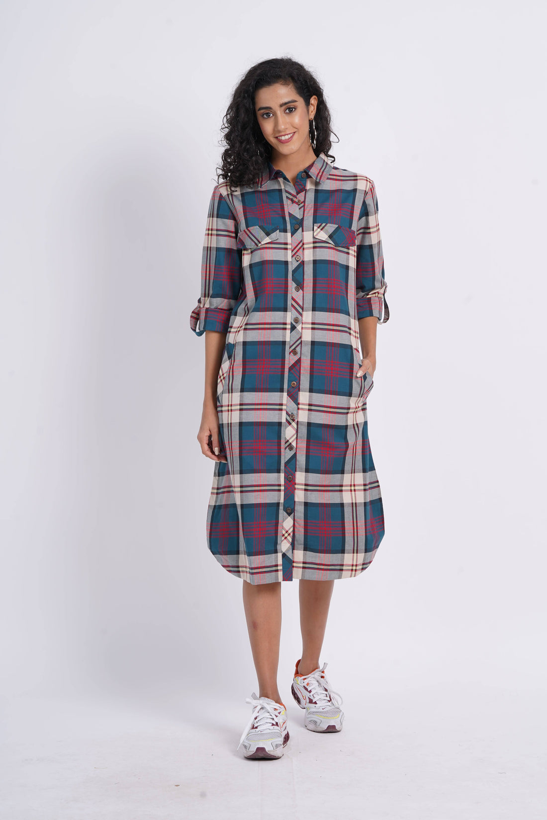 Blue Check Cotton Shirt Dress