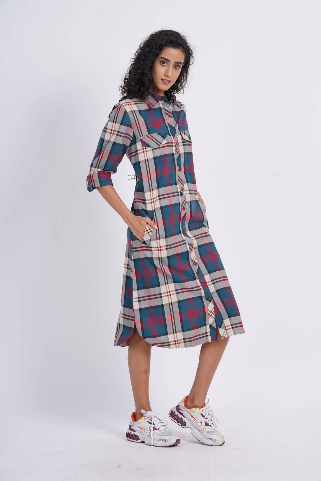 Blue Check Cotton Shirt Dress