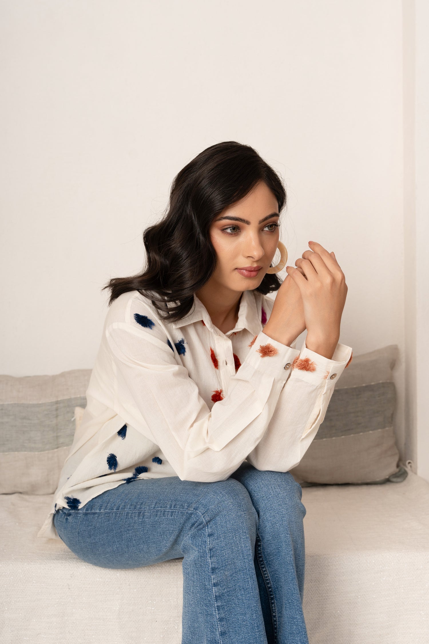 White Pom-Pom Oversize Shirt